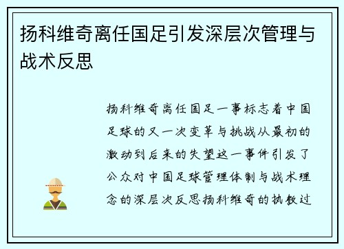 扬科维奇离任国足引发深层次管理与战术反思