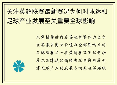 关注英超联赛最新赛况为何对球迷和足球产业发展至关重要全球影响