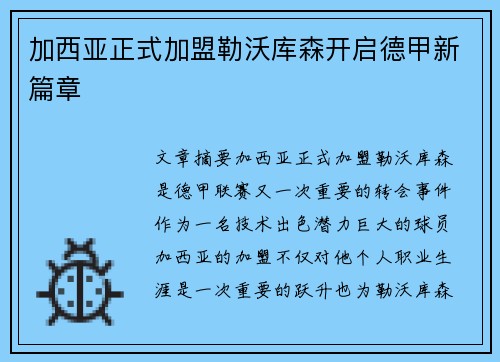 加西亚正式加盟勒沃库森开启德甲新篇章